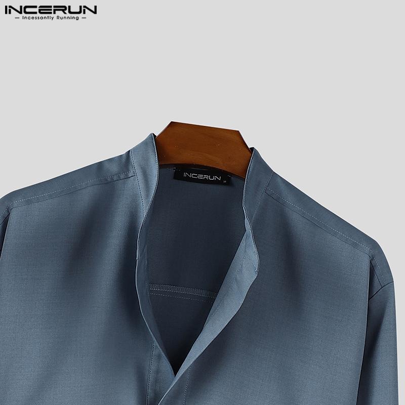 INCERUN Men Stand Neck Long Sleeve Solid Color Casual Loose Shirts Tops