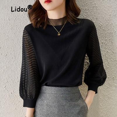 Black Knitting Women Autumn T-shirt Temperament Slim Turtleneck Gauze Patchwork Lantern Sleeve Office Loose Lady Top