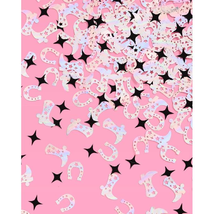 xo, Fetti Black + Iridescent Western Confetti - 200 pc | Rodeo Bachelorette Tablescape, Ranch Birthday Party Decoration, Cowgirl Table Decor, Cowboy