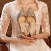 New Bridesmaids Hollow High Heels Silver Wedding Shoes One-word Buckle Thick Heel Wedding Shoes Show Clothes Wedding Bride Shoes Women