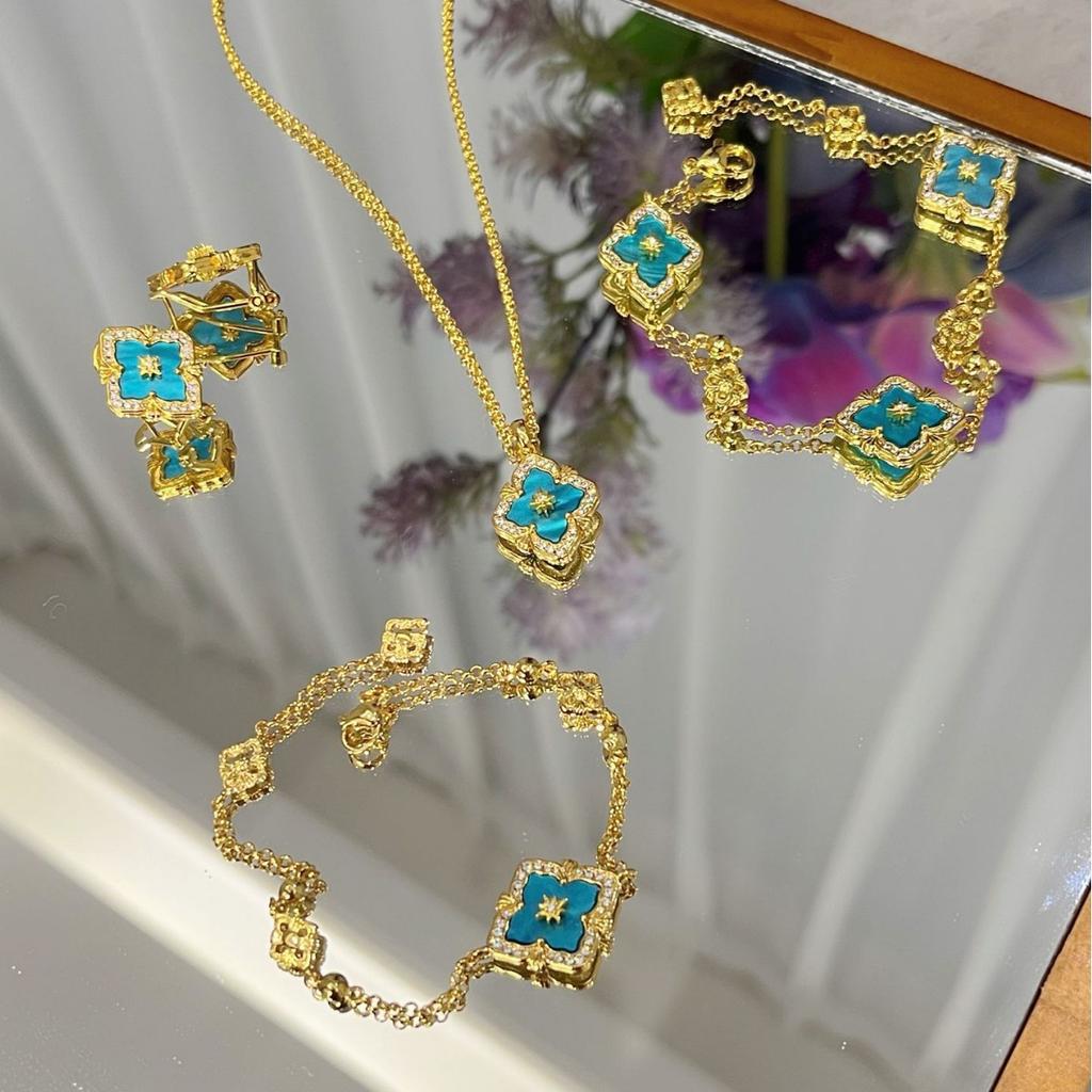 Italienisches Gebürstetes Wasserwellen Blaues Halsketten Armband Set Vielseitige Retro Hof Vierblättriges Kleeblatt Ohrringe