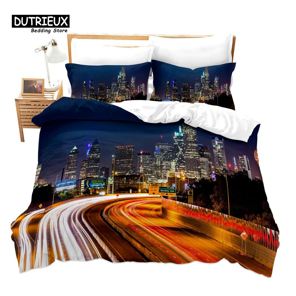 Romantic European Town Bedding Set Cityscape Duvet Cover Set Night Scenery Tower Comforter Cover Ship Bed Cover Twin King Size