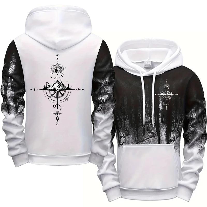 Urban Fashion Streetwear Tops Men's Hooded Sweatshirts Vintage Compass Print Hoodies All Season Daly Casual Sporty Pullover