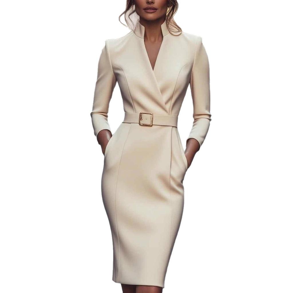 2025 Frühling Herbst Damen V-Ausschnitt Bodycon Kleid, Tailliertes Bürokleid mit Taschen, Elegantes Slim-Fit Langarmkleid für Arbeitskleidung