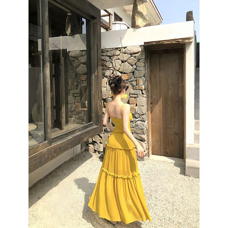 Kumikumi Design Sense Mesh Patchwork Sling Dress Women Summer Seaside Holiday Style High Waist Slimming Long dress