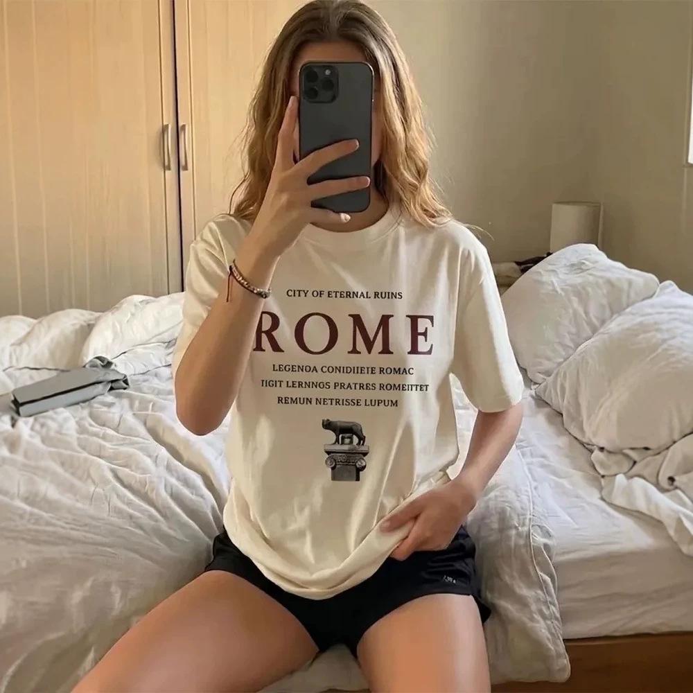 Off-White Rome Vintage Letter Graphic T-Shirt Oversized Casual Top European Literary Travel Style for women