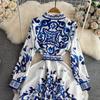 Autumn Holiday Red Blue And White Porcelain Maxi Dress Women Long Sleeve Single Breasted Lace Up Belt Flower Print Robe