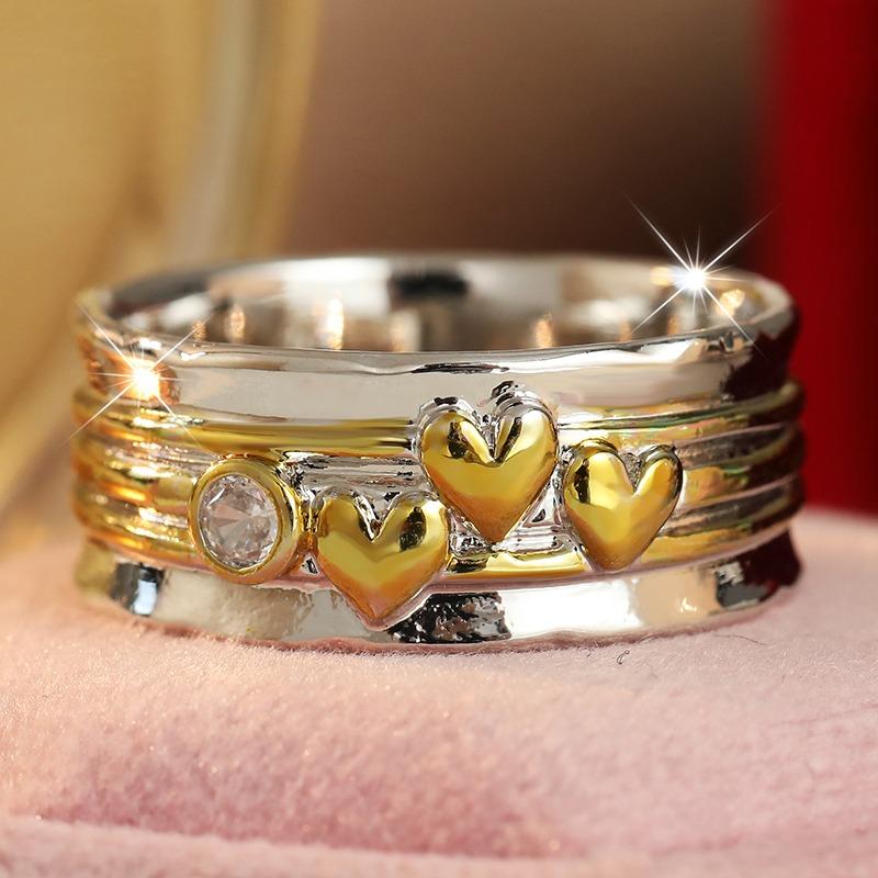 Vintage Inlaid White CZ Heart Women's Ring Ethnic Two Color Hand Carving Daily Wear Party Jewelry Anniversary Gift