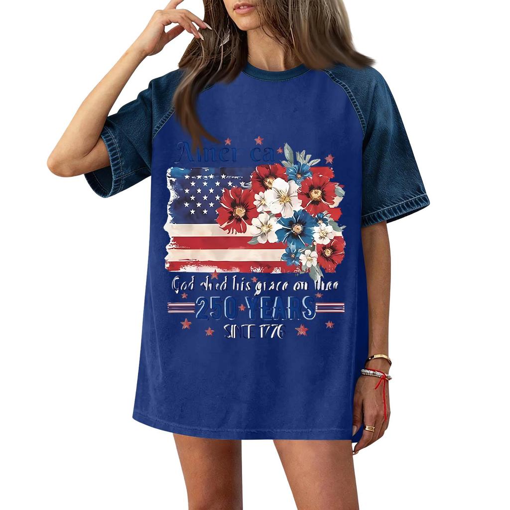 Denim Patchwork Shirts For Women Stand Collar Casual Blouse Short Sleeve Comfy Tshirt Spring Summer Fashion