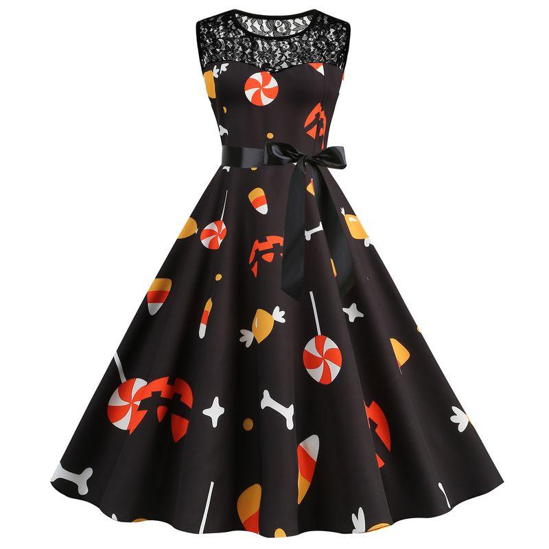 Amazon Fashion Halloween round Neck Print Lace Patchwork A- line Large Hem Mid-Length Sleeveless Vest Dress Women