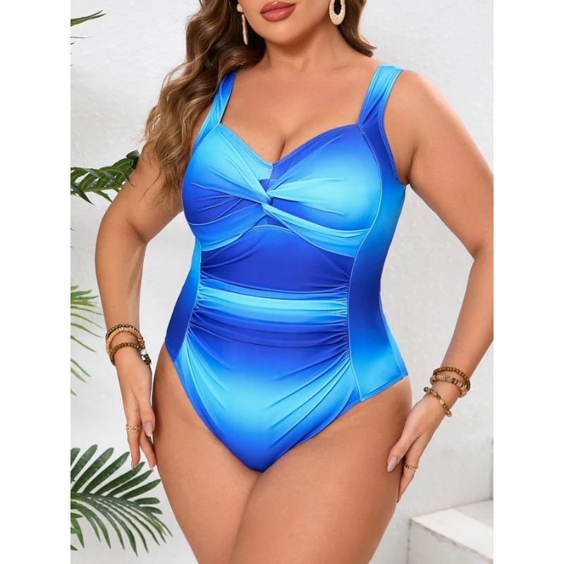 2025 Blue Gradient Plus Size Swimwear Women Strapped Push Up Large One Piece Swimsuit Summer Beach Chubby Bathing Suit