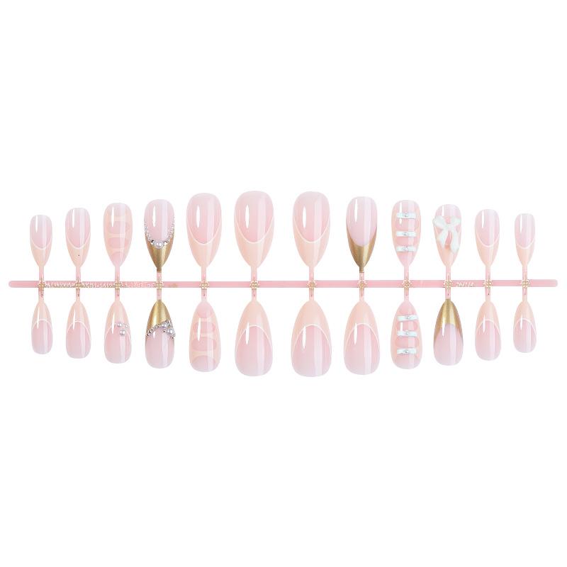 24-Piece Pink & White Hand-Painted Pearl Nail Stickers - Long Ballet Detachable False Nails
