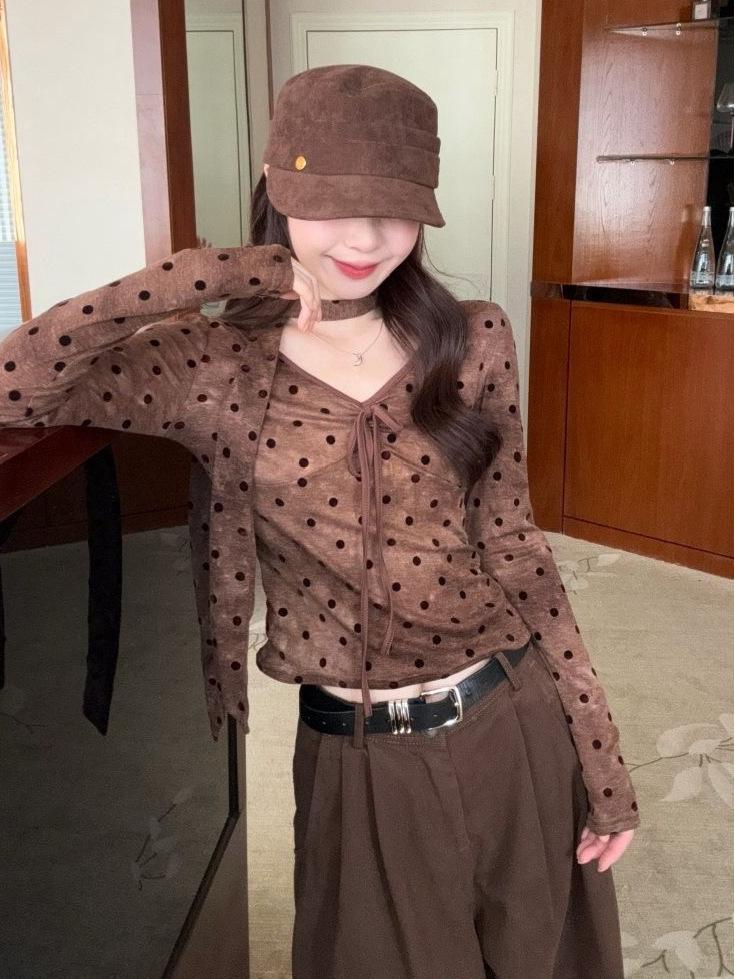 Großformat Vintage Polka Dot Schlankes V-Ausschnitt Langarm T-Shirt für Damen und Mädchen - Herbstmode