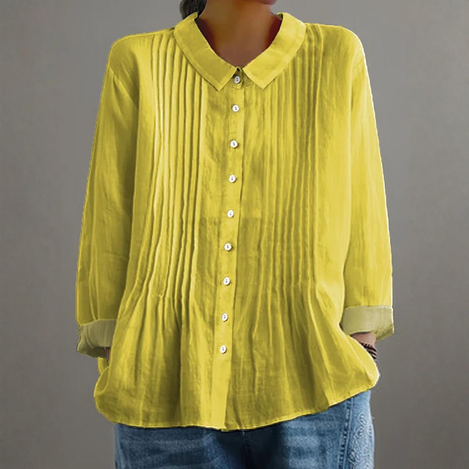 Женская однотонная хлопково-льняная рубашка с длинным рукавом L жёлтый