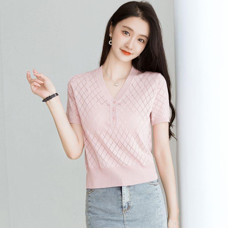 V-neck Ice Silk Short Sleeve T-Shirt Women Summer New Fashion Slim Fit Hollow Out Knitted  Short Top