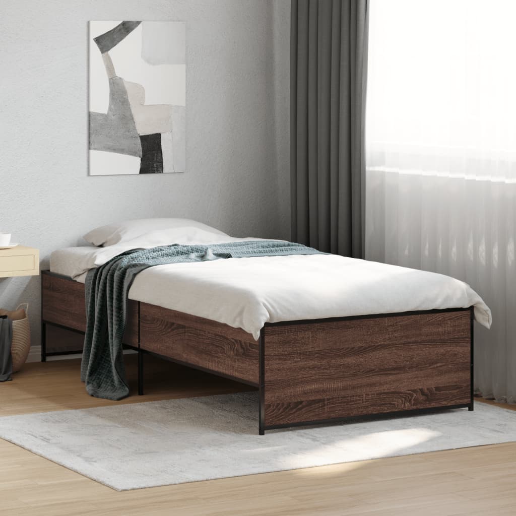 Brown Oak Effect Bed Frame 75 X 190 Cm Wood Based Panel & Metal
