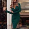 Elegant Women Autumn Long Sleeve Deep V Neck Pleated Bodycon Knee-length Dress