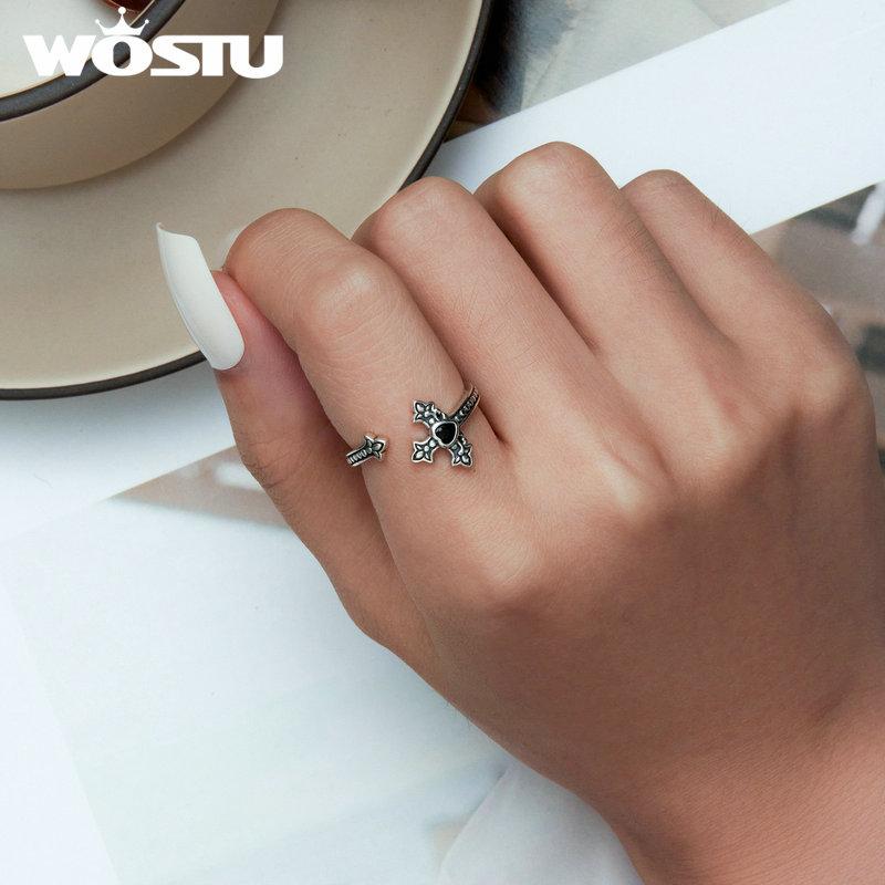 WOSTU Real 925 Sterling Silver Punk Jewelry Retro Cross Open Ring For Women Cool Black CZ Statement Adjustable Rings Party Gift