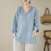 Real Shot Summer New Literary Loose Embroidery Flower Cotton and Linen V-neck Seven-quarter Sleeve T-shirt Women's Shirt Top