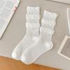 Girls Kawaii Ballet Socks Cream Color Bubble Ruffle Cuff Lace Trim Korean Sweet Style Stacked Sock Spring Fall Soft Cotton Sock