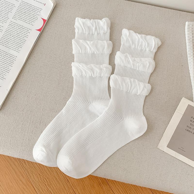 

Girls Kawaii Ballet Socks Cream Color Bubble Ruffle Cuff Lace Trim Korean Sweet Style Stacked Sock Spring Fall Soft Cotton Sock One Size