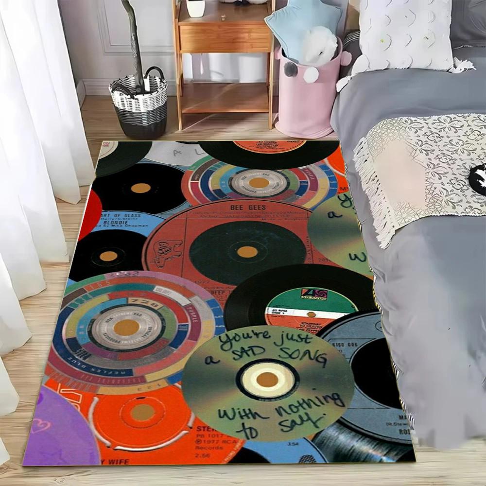 Retro Vinyl Record Pattern Carpet Mat Rug Nostalgic Music Style Soft Non Slip Floor Mat for Living Room Bedroom Home Decoration