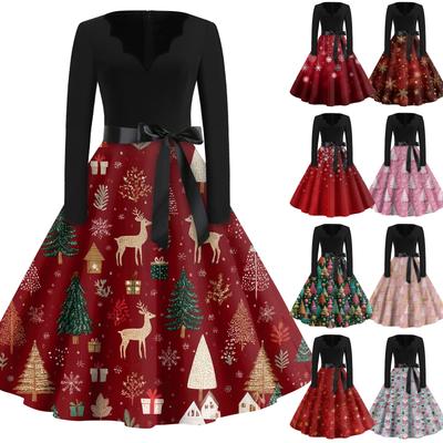 Christmas Print Flare Dress For Women Long Sleeve Dress Hollow Party Casual Dresses