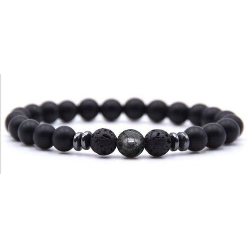 Women's Energy Yoga Bracelet: 8mm Frosted Black Volcanic, Amber & Weathered Stones