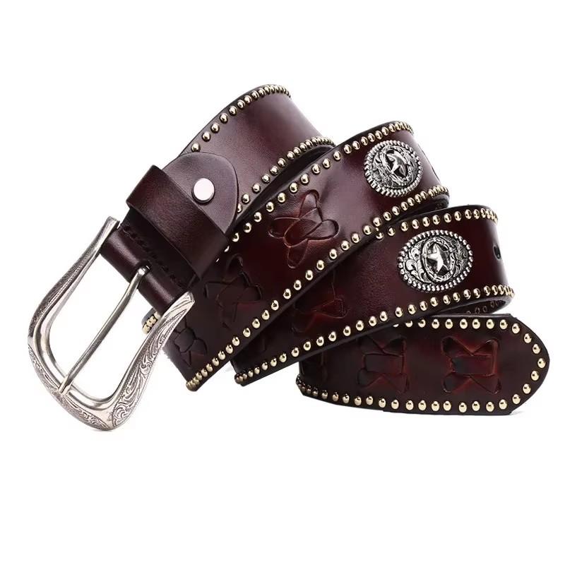 3.8CM Metal Rivet Belt Luxury Designers Men Punk Cowskin Genuine Leather Belt Male Rock Hip Hop Strap Waist