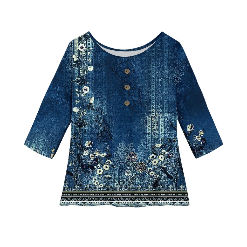 Women's Casual Fashion Three-quarter Sleeve Loose Round Neck Button Retro Print Top
