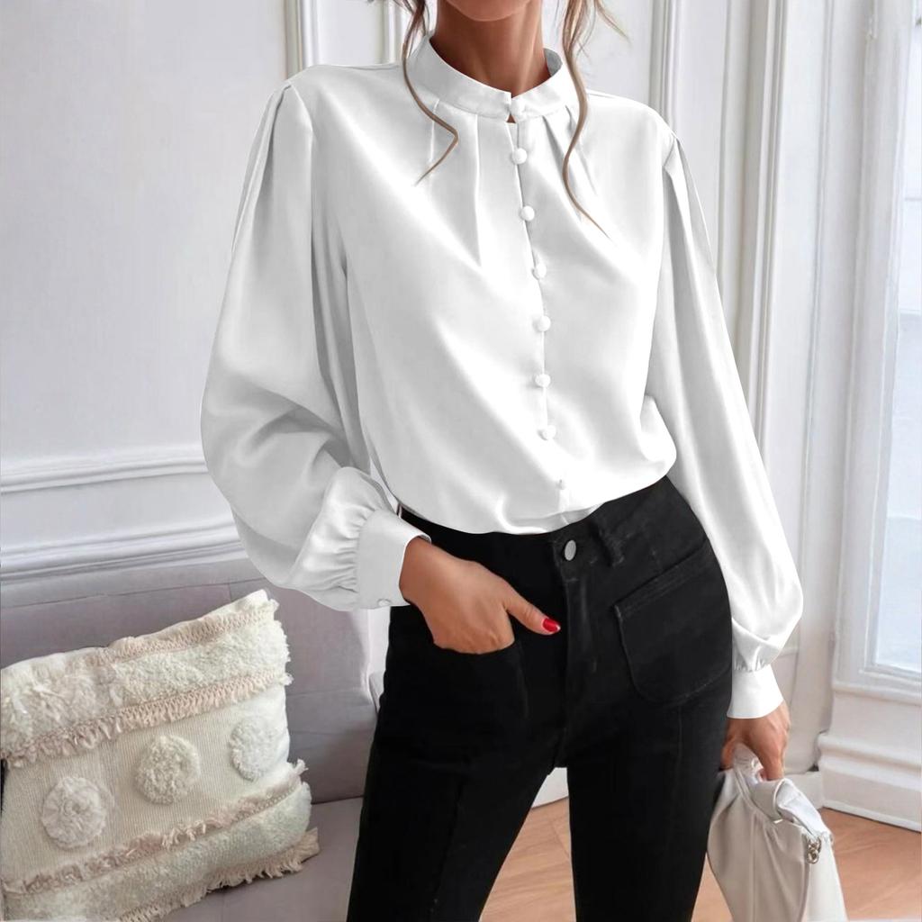 Ladies Elegant Solid Color Lapel Long Sleeve Single Breasted Loose Top