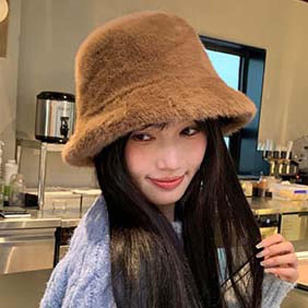 Temperament Plush Basin Cap Warmer Anti-cold Bucket Hat Plush Winter Fisherman Hat  Cycling