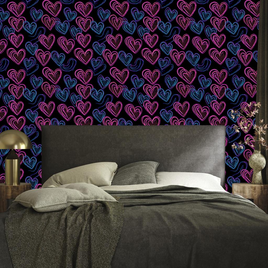 Neon Glitter Hearts Wallpaper Black and Navy Blue 50x1000