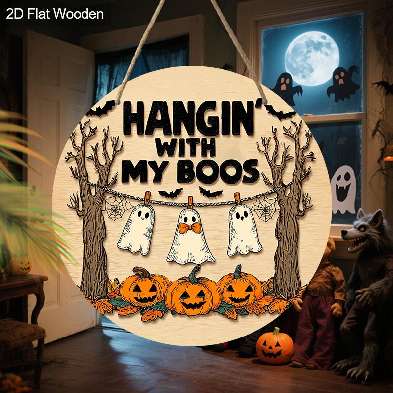 Rustic Halloween Wooden Sign with Ghosts & Pumpkins Pattern - Figurine Ornaments - Ideal for Front Door, Wall Decor - Ideal Halloween Gift for Friend