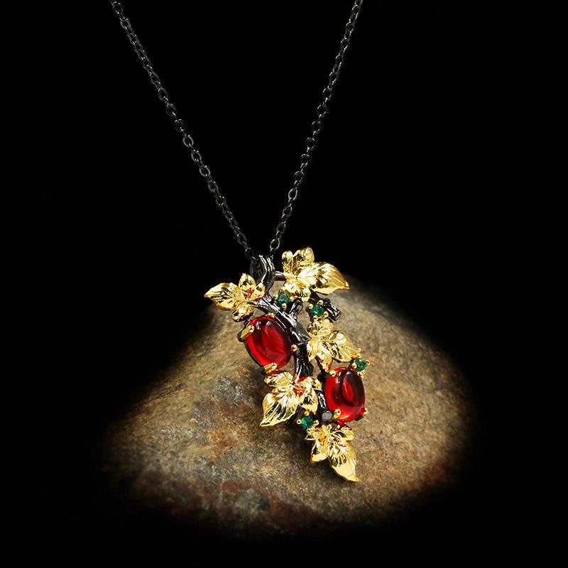 925  For Ladies Elegant Sweater Pendant Necklace Winding Branches Ruby Flower Clavicle Chain Party Engagement Wedding