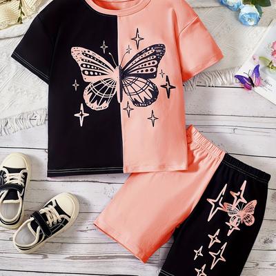 Girls Charming Two-Piece Set - Butterfly Graphic Tee & Shorts - Contrast Colors, Soft Comfort, Trendy Summer Style
