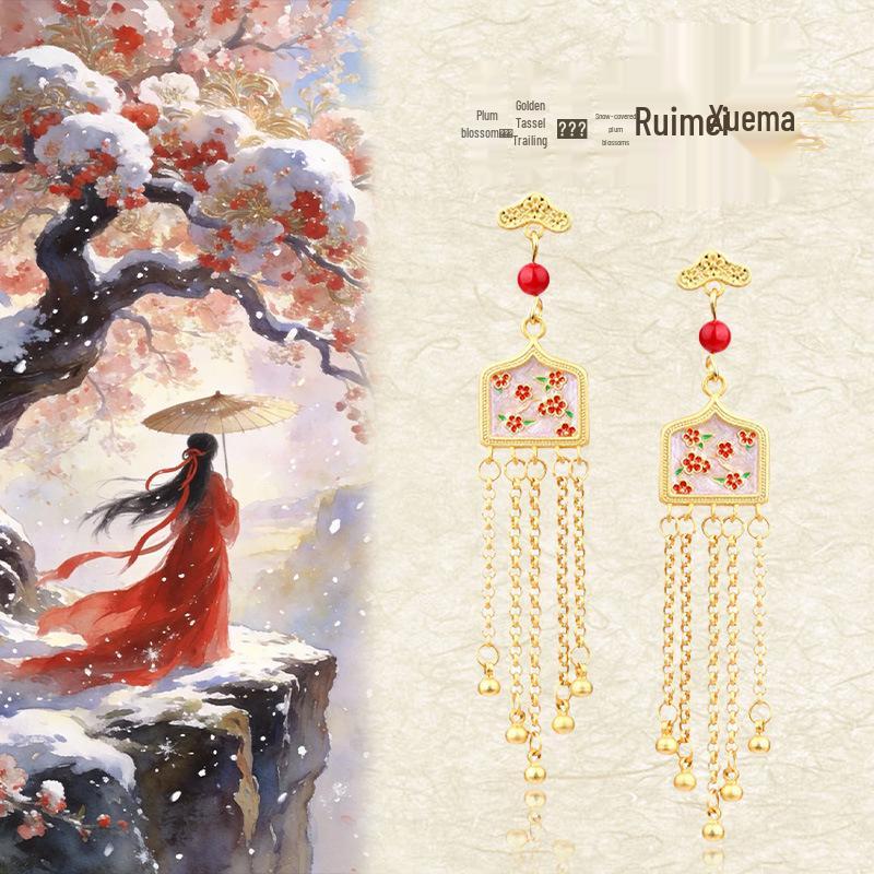 925 Sterling Silver Enamel Plum Blossom Tassel Earrings, Chinese Palace Style Earrings for Women
