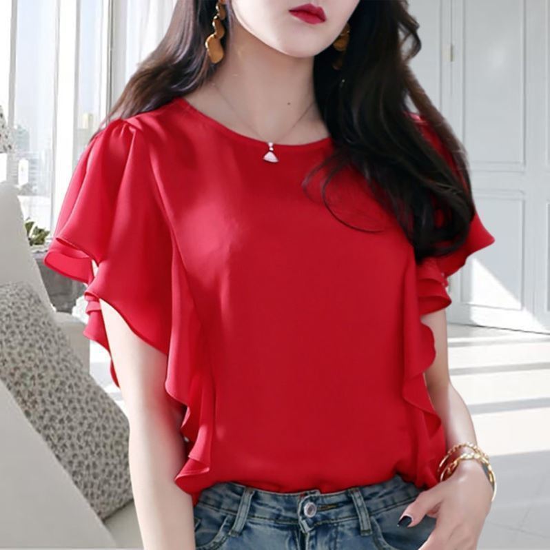 Summer Thin Temperament Ruffled Chiffon Shirt Short Sleeved T-shirt Women's Solid Patchwork Round Neck Korean Fashion Loose Top