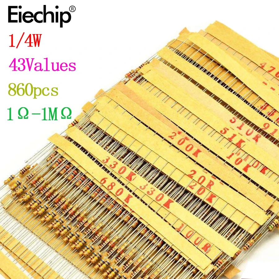860pcs/lot Carbon Film Resistor 1/4W 5% Resistors Kit Set 43values*20pcs Resistance 1R - 1M Ohm 0.25W Resistor Pack