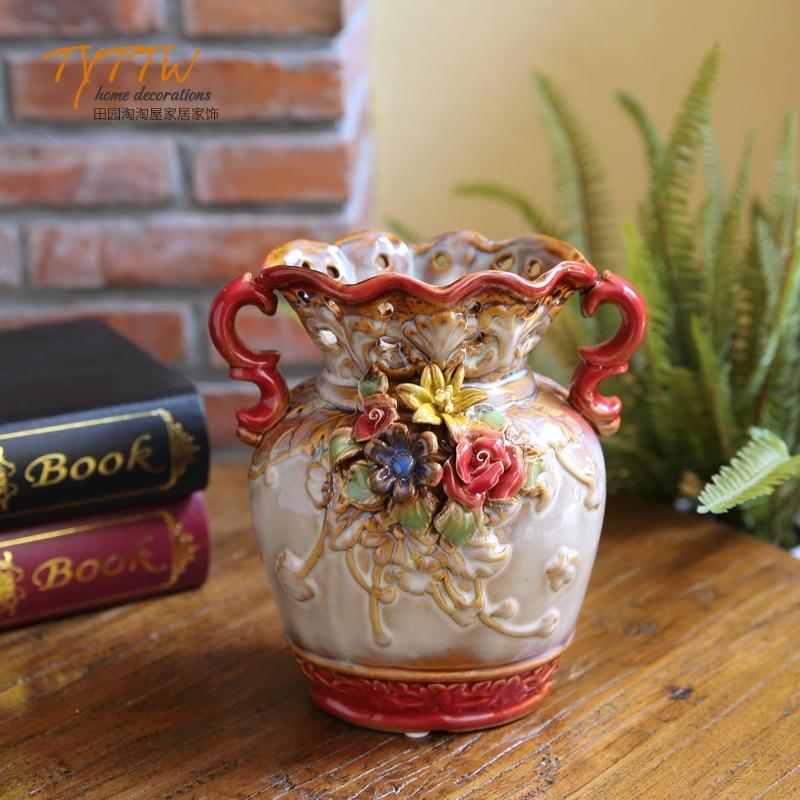 Vase Ceramic Desktop Ornament Painted Pastoral Hand-relief Glazed  Floral Decoration Suitable for Outdoor Garden Living Room 1Pc
