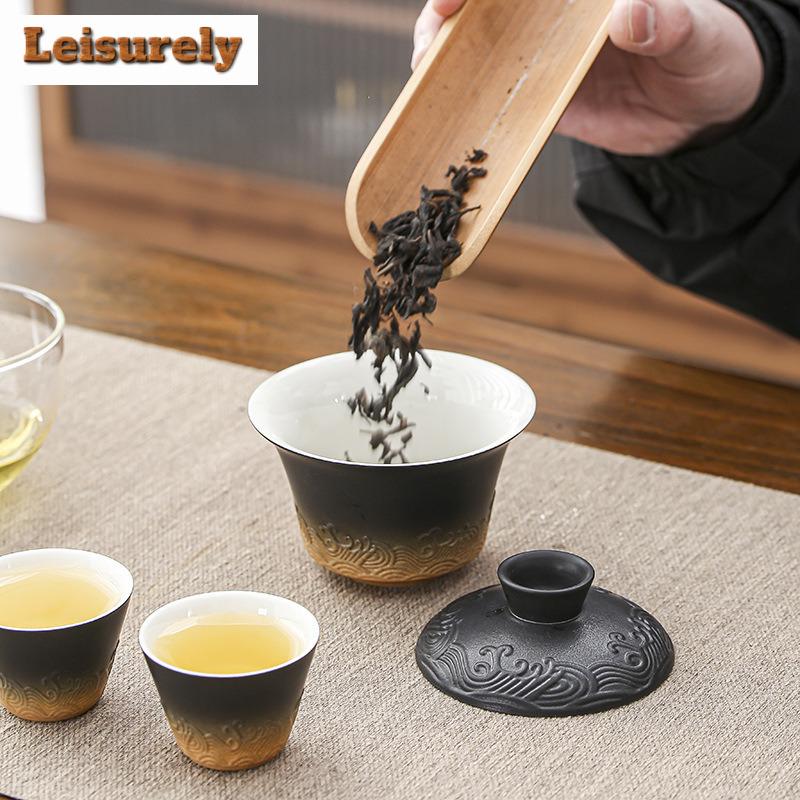 Black Pottery Teapot And Tea Cup Set Kit Tea Making Travel Tea Set Outdoor Portable Bag Chinese Tea Set Supplies 1 Bowl 2 Cups