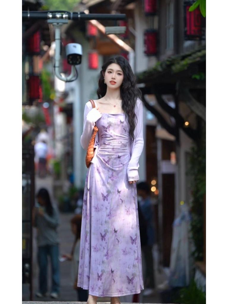 Elegant Floral Print Camisole Dress & Cardigan Set for Women - French Style, Slim Waist
