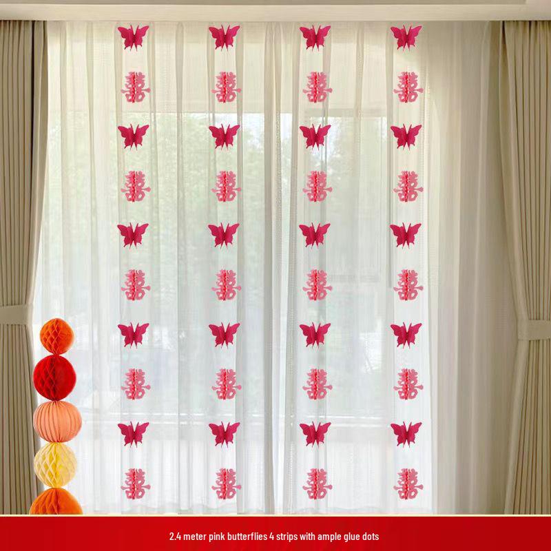 

Groom and Bride Wedding Room Decoration Set with Long Happy Character Bunting, Curtains, and Butterfly Decorations for New Home Master Bedroom.
