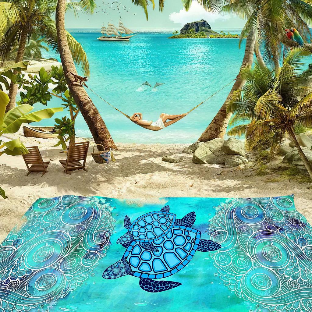 Microfiber Sea Turtle Beach Blanket Absorbent Quick Dry Sandproof Multi Purpose Towel Beach Mat for Swimming Pool Yoga Fitness