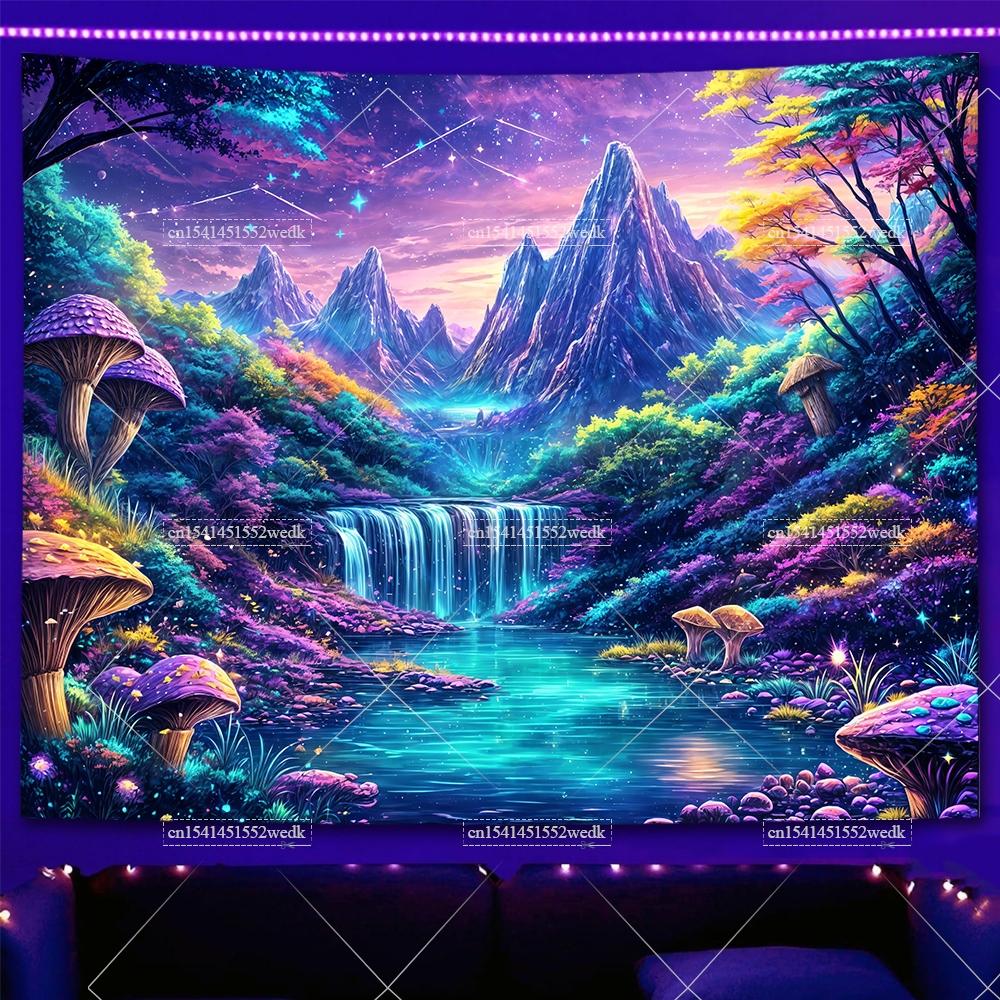 Fantasy Forest Blacklight Tapestry UV Reactive Neon Wall Hanging Moon Butterfly Fluorecent Tapestry Aesthetic Room Decor Posters
