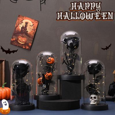 Konserverte Svarte Roser i Glasskuppel Halloween Lysende Evig Blomst i Klokke med Hodeskalle Gresskarstatue til Hjem Kjøkken Kaminhylle Bordplate Dekor