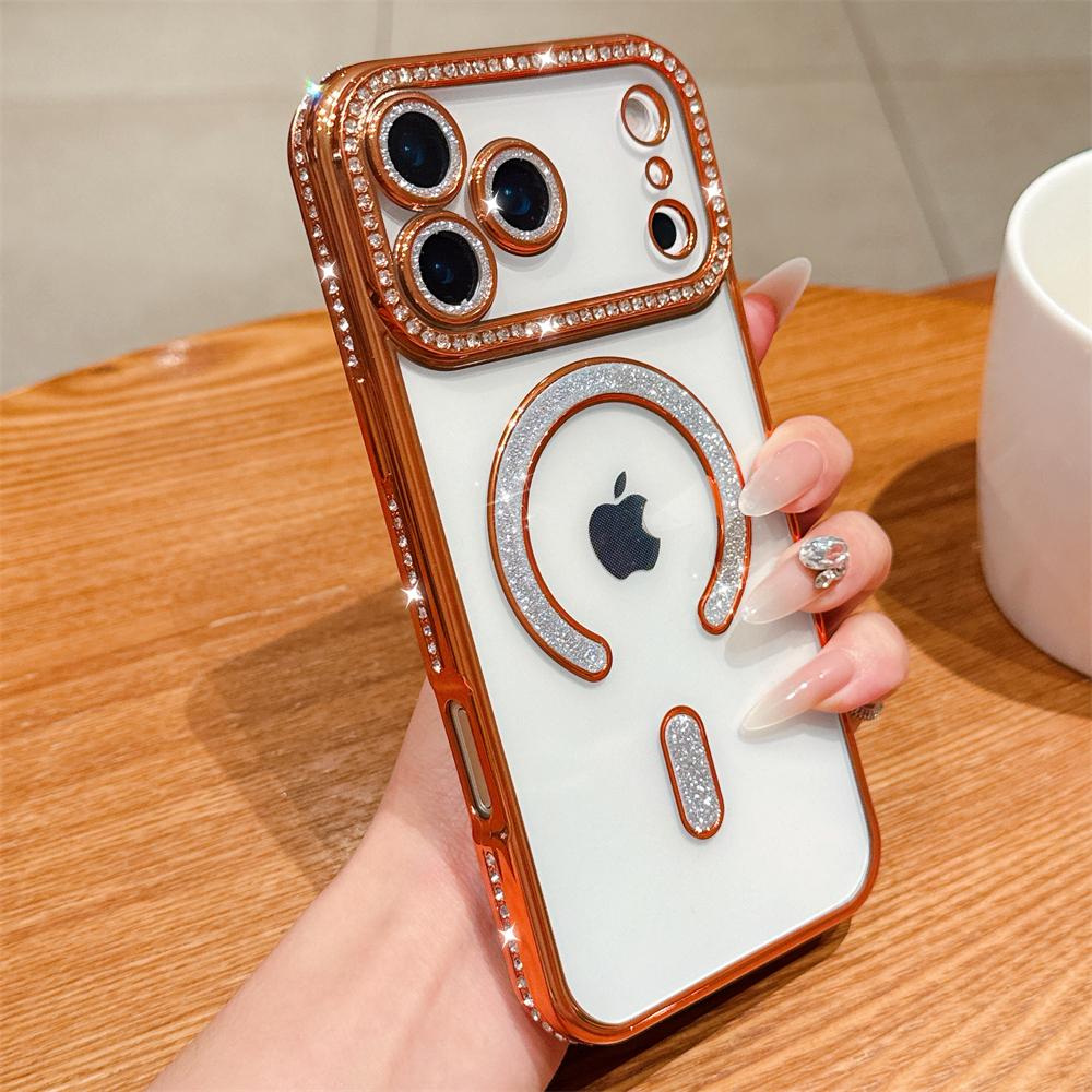 Bling Crystal Lens Film Transparent Case For iPhone 17 16 15 14 13 12 11 Pro Max Plus 17Air 16e Magnetic Wireless Charging Cover
