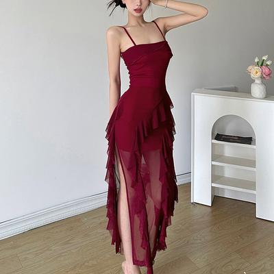 Yaz Kadın Düz Renk İnce Yüksek Bel Moda Tek Yaka Askılı Elbise Kadın