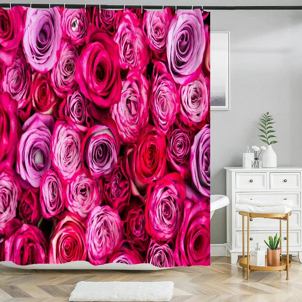 Romantic Rose Garden Print Water-resistant Shower Curtain with Lush Floral Design for Romantic and Serene Bathroom Decor