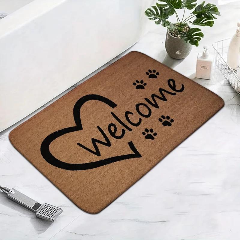 Welcome Heart Paw Print Entryway Doormat Non-Slip Washable Dirt Trapper Stain Resistant Floor Mat for Pet Lovers